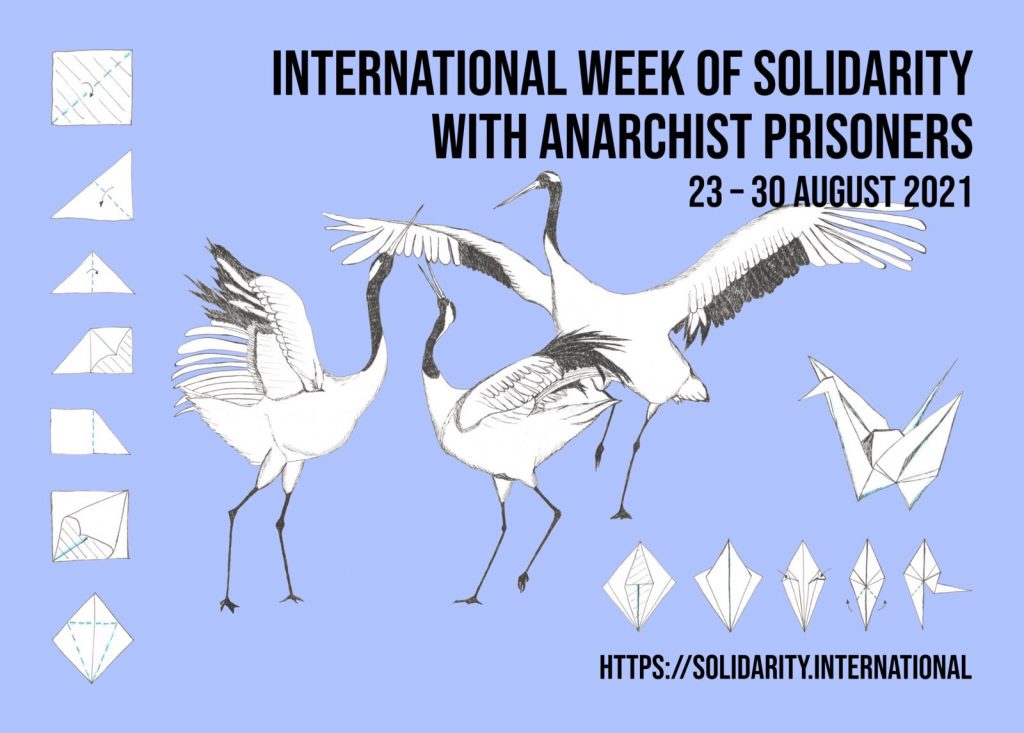 Hell-lila Flyer der "International Week of Solidarity with Anarchist Prisoners". Zu sehen ist eine Zeichnung mit drei Kranichen und eine Flatanleitung für einen Kranich aus Papier. Die Webseite ist: solidarity.international